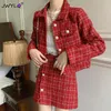 Robes de travail Femmes 2024 Printemps Automne Rouge 2 Pièces Ensemble Femme Veste Courte En Tweed Manteau Mini Costume Femme Lady Chic Deux Tenues Classiques