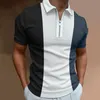 Mens Solid Color Striped Polo Shirt Short Sleeve Golf Turndown Collar Zipper for Men Casual Streetwear Summer Tops 240326