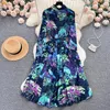 Casual Dresses Autumn Women's Turn Down Collar Shirt Fashion Vintage Birds Floral Printed Vestidos Ladies Gleats Midi Dress Belt