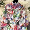 Basic Casual Jurken 2024 Boheemse Bloemen Chiffon Zomerjurken voor Vrouwen Runway Stand Lantaarn Mouw Riem Strand Vakantie Lange Vestidos Boho Gewaad