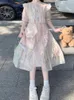 Vestidos casuais estilo chinês preppy mori menina kawaii em pé colar nó laço babados temperamento elegante rosa para mulheres