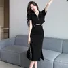 Work Dresses Sweet Girl Suit Women's Summer Polo-neck Short-sleeved T-shirt Top Elastic Pleated Split Skirt Two-piece Set Female Clothes