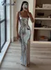 Сексуальное серебристое платье макси с открытой спиной и открытой спиной для женщин, модное облегающее платье без рукавов с высокой талией, женское вечернее платье, Vestidos 240329