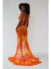 Robe de traînée imprimée teinte par cravate orange coupe basse dos nu à volants robes longues fendues hautes été Chic femme robe de soirée 240329