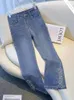 Jeans pour femmes Oiinaa Blue Flare Femmes Denim Pantalon Y2K Strass Slit Jambe Mode Taille Haute Coréen Streetwear Pleine Longueur