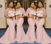 2022 Blush Pink Sheer Jewel Neck Bridesmaid Dresses 12 Sleeve Mermaid golvlängd Black Girls Maid of Honor Gown Wedding Guest D3902260