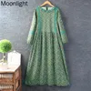 Casual Dresses Vintage Lace Patchwork Cotton Linen Floral Print Dress Women Autumn Japanese Mori Girl Sweet O-neck Long Sleeve Loose Midi