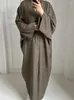 エスニック服eidコットンリネンオープンアバヤ着物女性のためのカジュアルルーズアバヤ