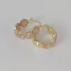 Stud Earrings Korean Design Fashion Jewelry 14K Gold Plated Round Zircon Pink Opal Hoop Luxury Women's Party Accessories