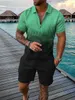 Мужские шорты, комплект, рубашка-поло на молнии с рукавами, уличная футболка, повседневная спортивная одежда из двух предметов, Ropa Hombre, винтажный принт 240325