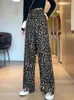 Kvinnors byxor mode leopard hög midja chicly vintage casual kvinnlig ung streetwear hip-hop breda benbyxor