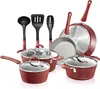 Cookware Sets Non-stick Pot And Pan Grey Interior Red Exterior Stylish Kitchen Set With Elegant Line Pattern