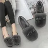 Casual Shoes Bowknot Furry Woman Winter Plush Solid Flats Round Toe Flock Slip-On Creepers Loafers Female Corth Cotton Footwear