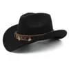 Retro Vrouwen Mannen/Kid Kind Wol Brede Rand Cowboy Western Hoed Cowgirl Bowler Cap Totems Patroon Lederen Band 54-57-61cm 240319