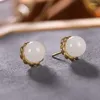 Dingle örhängen naturlig Hetian Jade White Personality Round Beads Woven Stud S925 Sterling Silver Simple Temperament Lady Ear