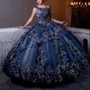 Luxury Navy Blue Ball Gown Quinceanera Dresses Shiny 3DFlowers Bridal Gown Party Floor-length Bride Dresses Vestidos 15 De Novia