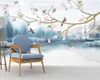 Wallpapers WELLYU Papel De Parede Customized Hand-painted Chinese Blue Ink Landscape Painting Pen And Bird TV Background Wallpaper3D