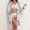 Women's Swimwear European American Swimsuit Women 2024 Three Piece Bikini Printed Cover Up Sun Protection Clothing Mesh Fashion AX02