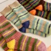 Chaussettes coréennes à lignes épaisses pour femmes, 3 pièces, rétro rayé, couleur assortie, Imitation velours de vison, poilu, mignon, doux, automne hiver, chaud, mi-tube