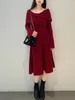 Casual Dresses Cross Kink V-hals axelbandslösa eleganta kvinnor 2024 Spring Japan Style Slim Fit Knit Robe Solid Long Sleeve Midi Vestidos