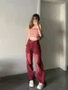 Jeans da donna Moda Americano Lavaggio Design Rosso Bottone da strada Vita alta Pantaloni larghi dritti a gamba larga Lavaggio