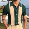 Mens Short Sleeve Knit Sports Shirt Modern Polo Shirts Vintage Classics Stripes Knitted Buttoned Clothing Golf Wear 240320