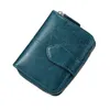 Portafogli in pelle genuina di cera vera da olio da billfolf di donne Short Mini Clutch Borse Soild Coin Pocket Credit Card Bagna Bag della Hide C3JA#