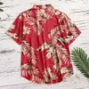 Camisa havaiana masculina férias manga curta vermelha gola virada para baixo estampa de folhas férias praia tops roupas 240322