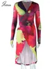 Casual jurken Joskaa kleurrijke print onregelmatige midi-jurk dames hipster sexy v-hals lange mouw split vooraan bodycon 2024 streetwear