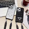 Custodia per telefono con tracolla di lusso per iPhone 15 14 Plus 13 12 Pro Max Shiney Bling Glitter Custodia antiscivolo per telefoni Triangolo Lettera Designer Cross Body Coque portatile