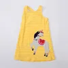 Vestido infantil de verão para meninas moda verão bonito listrado amarelo bordado puro algodão vestido sem mangas