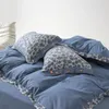 寝具セットワイドエッジ付きのシンプルな糸染色綿とリネンのパッチワーク葉の寝具duvetcoverベッドシート枕カバーベッド