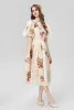 Ladies Dresses for Women 2023 Spring Summer Beige Knee Dress High Quality Embroidery Flowers Fruit Puff Sleeve Women Dress