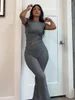 Women's Two Piece Pants Women 2 Lounge Sets Fold Over Short Sleeve Crop Top And Low Rise Flare Leggings Yoga Set Tracksuit