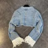 Pant 2st -uppsättningar för kvinnors breda benbyxor Y2K -byxor passar koreansk kvinnlig denimrockkläder Vneck Jacket Crop Top 240329