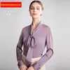 Women's Blouses Tops Silk Floral Office Formal Casual Dress Shirts Plus Large Size Spring Summer Sexy Haut Femme Purple Bowtie