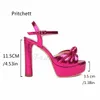 Sandálias Bow Plataforma Peep Toe Salto Chunky para Mulheres Fivela Cinta Ouro Prata Vermelho High Runway Party Wedding Shoes Verão