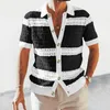 Casual Mens Knitted Shirts Spring Summer Loose Short Sleeve Buttoned Lapel Knit Cardigans Men Clothes Vintage Striped Shirt 240321