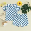 Conjuntos de roupas Pudcoco Criança Menino Menina Verão Maiô Checkered Manga Curta Top Swim Trunk Duas Peças Rash Guard Set Beach Swimwear 6M-4T