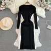 Casual Dresses Kusahiki Elegant Hit Color Long Sleeve O-Neck Slim Midje Split Sticked Bottoming Autumn Winter 2024 Sweater Vestidos