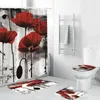 シャワーカーテンレッドローズカーテンセットラグジュアリーカップルロマンチックな花柄の生地バスルームの装飾バレンタインデー