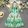 Grundläggande avslappnade klänningar 2024 Fashion Runway Green Red Flower Flowy Chiffon Lantern Dress Women Deep V Neck Long Sleeve Floral Print Boho Robe Vestido