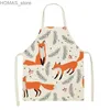Aprons Cute fox cat printed linen sleeve -free apron Men Children Childrens Waterproof Cooking Kitchen Cleaning Tool delantal Y240401