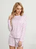 Startseite Kleidung Damen S 2-teiliges Pyjama-Set Langarm-Herzdruck-Oberteile Freizeitshorts Nachtwäsche-Sets