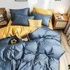 Bedding Sets 2024 Four-piece Simple Cotton Double Household Bed Sheet Quilt Cover Embroidered Piping Comfortable Blue-yellow