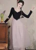 Sıradan elbiseler romantik bale dansçı kadın vintage tatlı yay siyah kadife patchwork pembe örgü peri prenses vestido festa