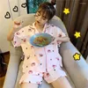 Kvinnors sömnkläder tecknad gris tryck sommarpyjamas set kvinnor enstaka bröst skjortor shorts passar bomull kawaii koreansk hem rosa vit