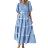 Party Dresses Lapel Maxi Dress Elegant Women's Summer med puffiga ärmar Tiered Ruffles Flowy Silhouette för alla tillfällen