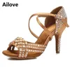 Chaussures de danse strass salle de bal sandales de Salsa latine femmes fête mariage doux daim semelle peau Satin plusieurs hauteur de talon ALS053