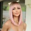 Wigs 14" Soft Straight Pink Wig With Dark Roots Synthetic Wigs With Bangs Female Bob Wigs For Women Daily Party Cosplay Use